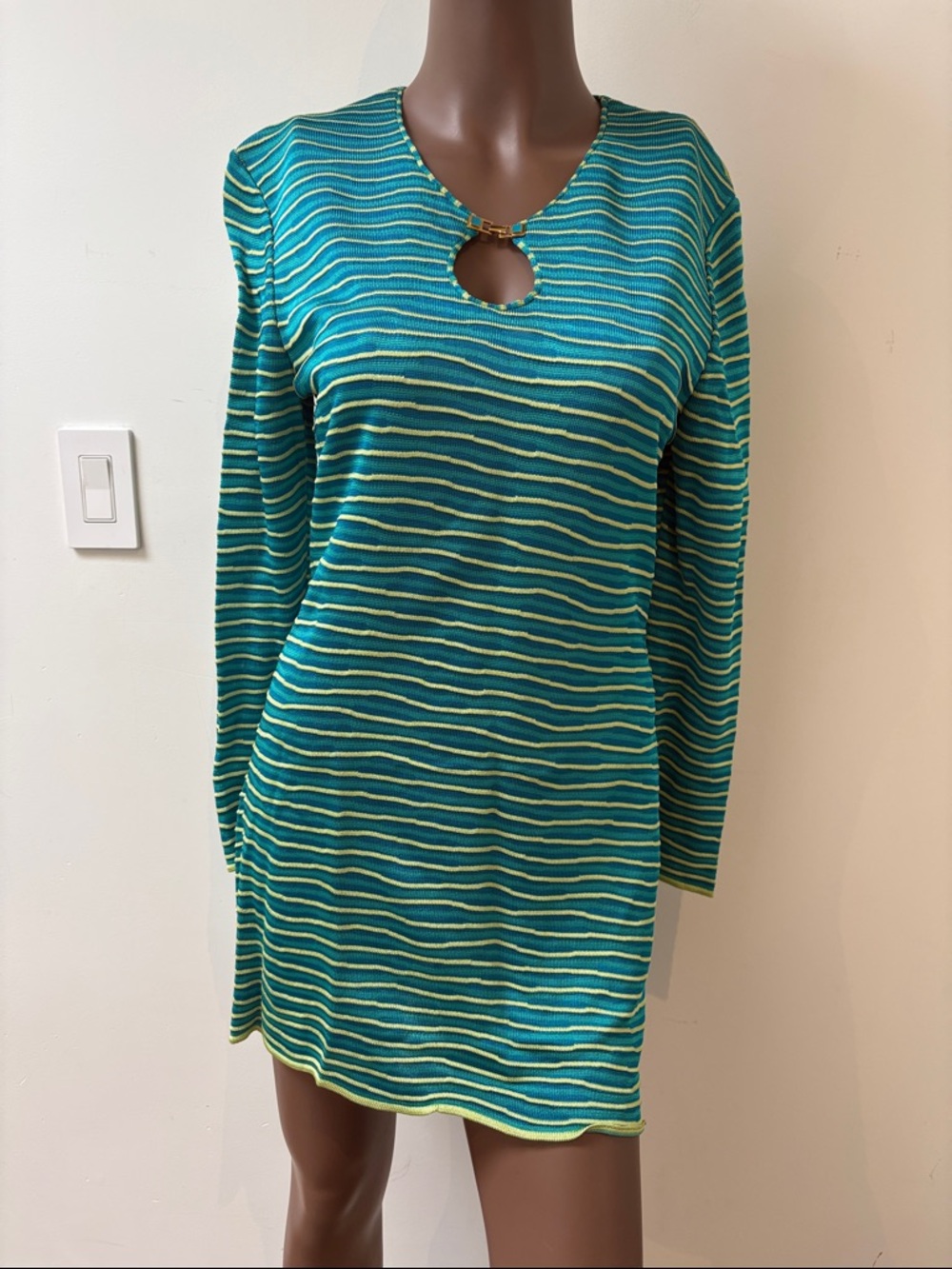 St. John Collection Multi Teal Striped Mini Dress Tunic Top Longsleeve Knit S